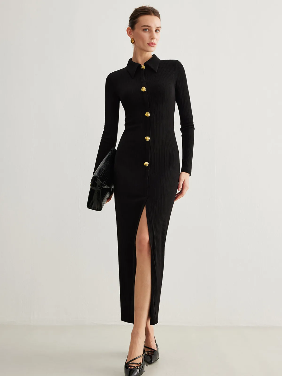 Outlet Metal Button-Down Split Lapel Dress Black Dresses|Casual Dresses