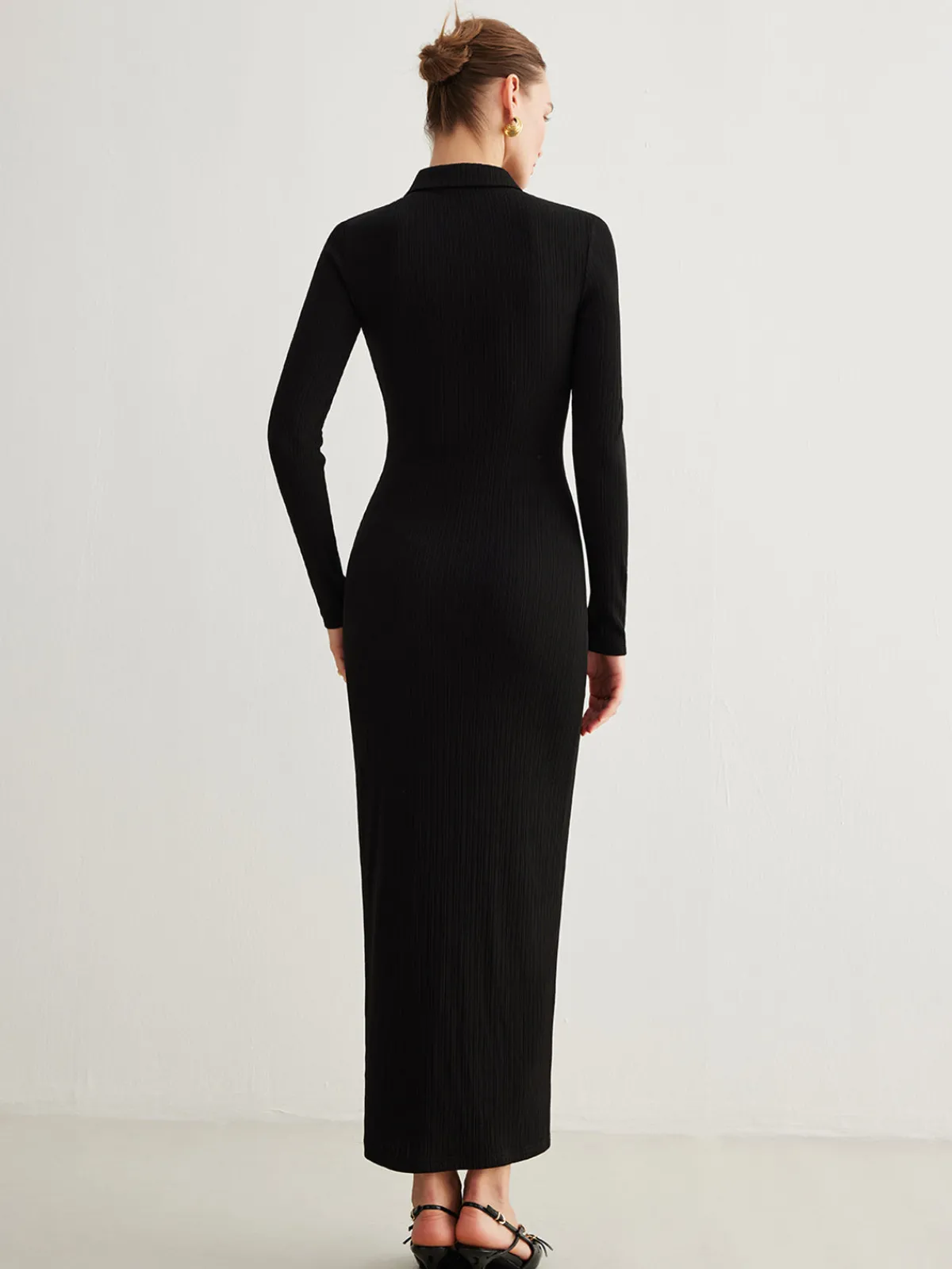 Outlet Metal Button-Down Split Lapel Dress Black Dresses|Casual Dresses