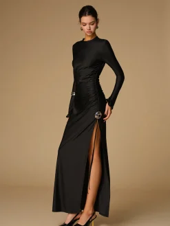 Hot Metal Decor Split Pleated Long Dress Black Dresses|Cocktail & Party Dresses