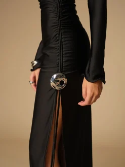 Hot Metal Decor Split Pleated Long Dress Black Dresses|Cocktail & Party Dresses