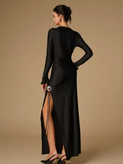 Hot Metal Decor Split Pleated Long Dress Black Dresses|Cocktail & Party Dresses