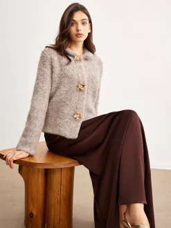 Discount Metal Flower Button Cardigan Cardigans|Sweaters & Cardigans