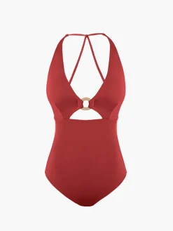 Metal Ring Cutout Halter One Piece Swimsuit Swimwear|Tops