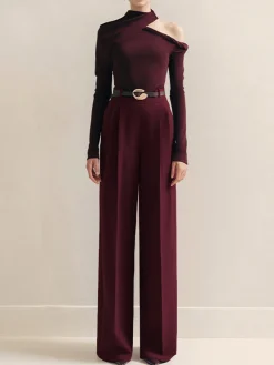 Best Metal-Belt Pleated High-Waist Pants Pants|Matching Sets