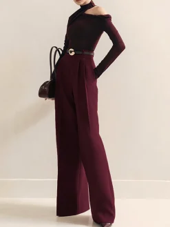Best Metal-Belt Pleated High-Waist Pants Pants|Matching Sets