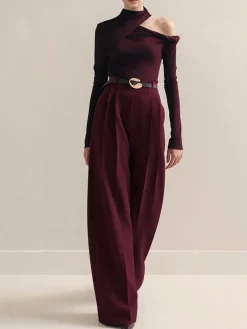 Best Metal-Belt Pleated High-Waist Pants Pants|Matching Sets