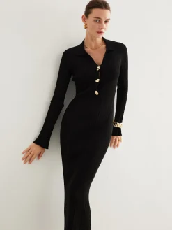 Clearance Metal-Button Bell-Sleeve Sweater Long Dress Black Dresses|Sweater Dresses