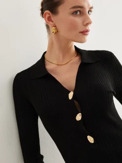 Clearance Metal-Button Bell-Sleeve Sweater Long Dress Black Dresses|Sweater Dresses