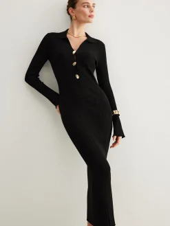 Clearance Metal-Button Bell-Sleeve Sweater Long Dress Black Dresses|Sweater Dresses