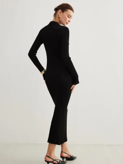 Clearance Metal-Button Bell-Sleeve Sweater Long Dress Black Dresses|Sweater Dresses