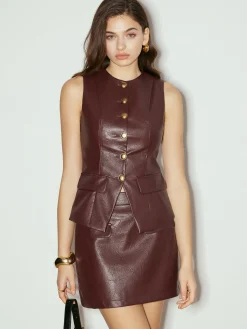 New Metal-Button Faux Leather Skinny Vest Outerwear|Vests