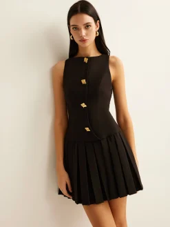 Best Metal-Button Pleated Tank Dress Black Dresses|Casual Dresses