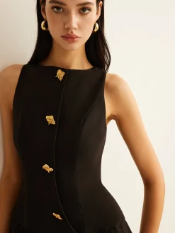Best Metal-Button Pleated Tank Dress Black Dresses|Casual Dresses