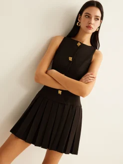 Best Metal-Button Pleated Tank Dress Black Dresses|Casual Dresses