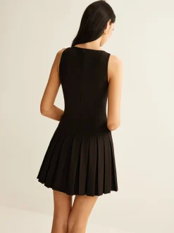 Best Metal-Button Pleated Tank Dress Black Dresses|Casual Dresses