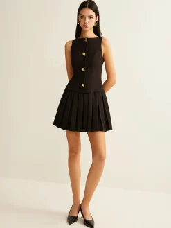 Best Metal-Button Pleated Tank Dress Black Dresses|Casual Dresses