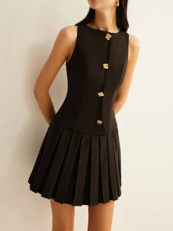 Best Metal-Button Pleated Tank Dress Black Dresses|Casual Dresses