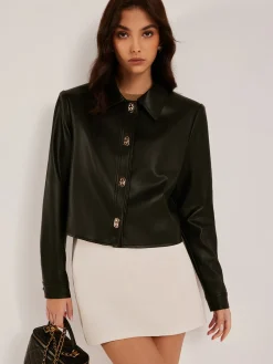 Sale Metal-Button PU Leather Short Jacket Outerwear|Jackets