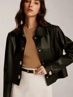 Sale Metal-Button PU Leather Short Jacket Outerwear|Jackets