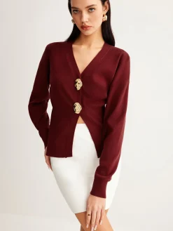 Metal-Button Split Petite Sweater Sweater Tops|Sweaters & Cardigans