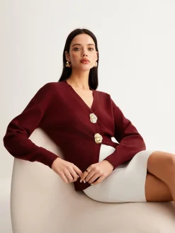 Metal-Button Split Petite Sweater Sweater Tops|Sweaters & Cardigans