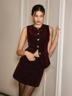 Metal-Button Velvet Cinched Vest Outerwear|Vests