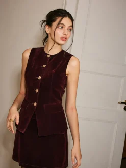 Metal-Button Velvet Cinched Vest Outerwear|Vests