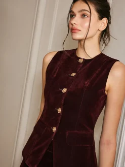 Metal-Button Velvet Cinched Vest Outerwear|Vests