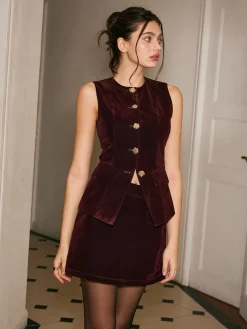 Metal-Button Velvet Cinched Vest Outerwear|Vests