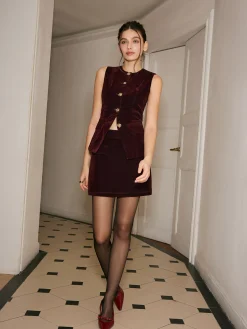 Metal-Button Velvet Cinched Vest Outerwear|Vests
