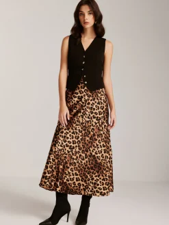 Clearance Metal-Button Vest With Leopard Zipper Skirt Set Skirt Sets|Long Sleeve Sets