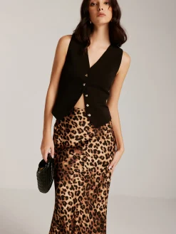 Clearance Metal-Button Vest With Leopard Zipper Skirt Set Skirt Sets|Long Sleeve Sets
