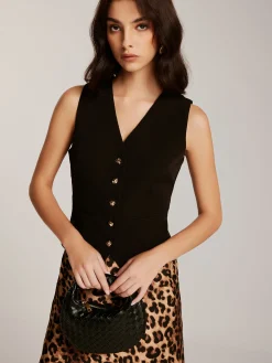 Clearance Metal-Button Vest With Leopard Zipper Skirt Set Skirt Sets|Long Sleeve Sets