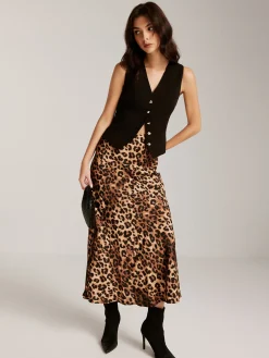 Clearance Metal-Button Vest With Leopard Zipper Skirt Set Skirt Sets|Long Sleeve Sets