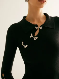 Clearance Metal-Decor Cutout Lapel Crop Sweater Sweater Tops|Sweaters & Cardigans