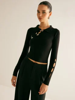 Clearance Metal-Decor Cutout Lapel Crop Sweater Sweater Tops|Sweaters & Cardigans