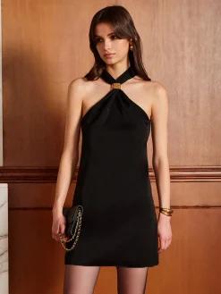 New Metal-Decor Pleated Zipper Dress Black Dresses|Casual Dresses