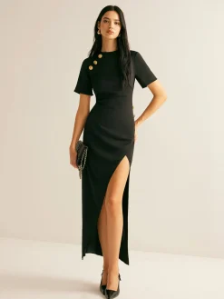 Best Metal-Decor Side-Split Dress Black Dresses|Casual Dresses