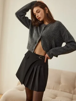 Clearance Metal-Detail Asymmetrical Pleated Skirt Skirts|Bottoms
