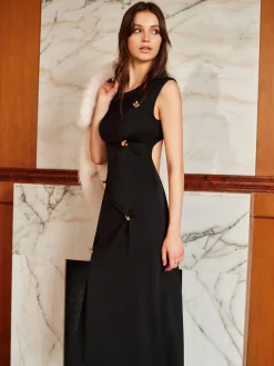 Sale Metal-Detail Backless Pleated Tank Dress Black Dresses|Casual Dresses