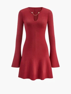 Online Metal-Detail Bell Sleeve Sweater Short Dress Knitwear|Dresses