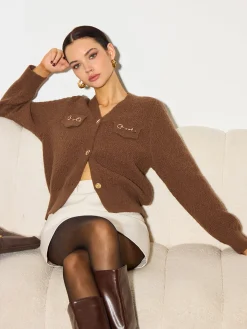 Hot Metal-Detail Button Split Short Cardigan Knitwear|Tops
