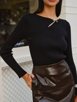 Clearance Metal-Detail Ribbed Slim Sweater Sweater Tops|Sweaters & Cardigans