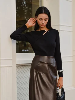 Clearance Metal-Detail Ribbed Slim Sweater Sweater Tops|Sweaters & Cardigans