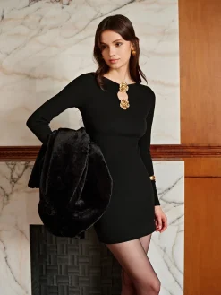 New Metal-Floral Ribbed Short Dress Black Dresses|Casual Dresses