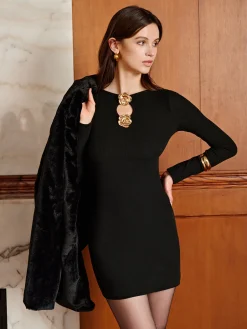 New Metal-Floral Ribbed Short Dress Black Dresses|Casual Dresses