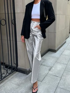 Outlet Metallic Leather Straight Leg Pants Pants|Bottoms