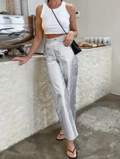 Outlet Metallic Leather Straight Leg Pants Pants|Bottoms