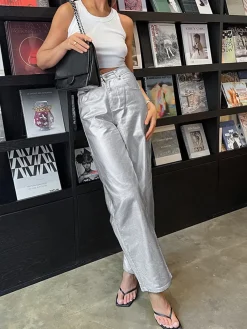 Outlet Metallic Leather Straight Leg Pants Pants|Bottoms