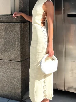 Best Metallic O-Ring Cutout Long Dress White Dresses|Vacation Dresses